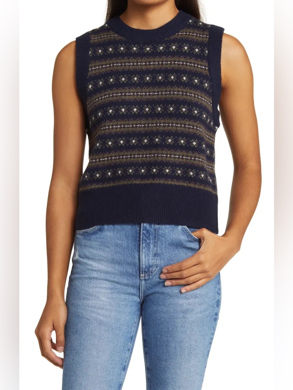 Faherty fair Isle women’s S wool blend navy blue vest NWT
